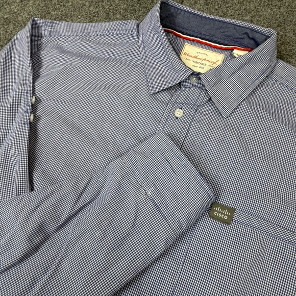 Weatherproof Vintage Men Large Blue Gingham Button Down Shirt Cisco Company Logo
